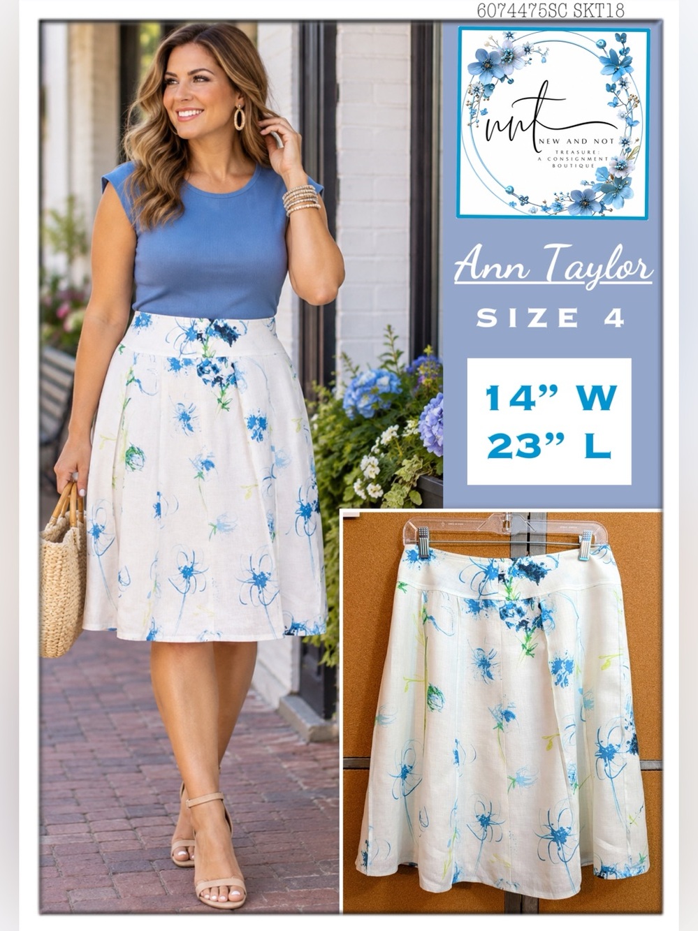 Ann Taylor Size 4 Linen Skirt Ivory Blue Green Floral Print Pleated A-Line